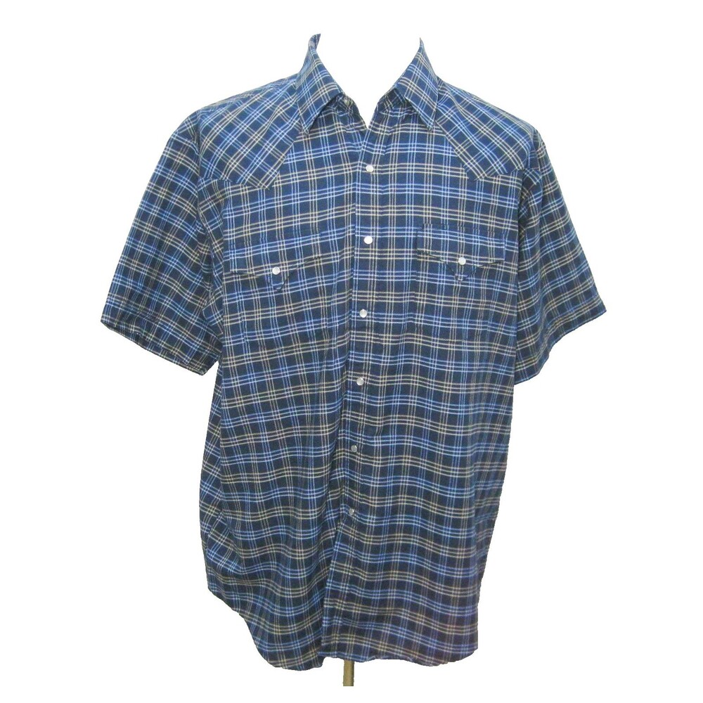 Plains Western Wear Shirt Mens XL Blue Plaid Short Sleeve Pearl Snap Cowboy Top